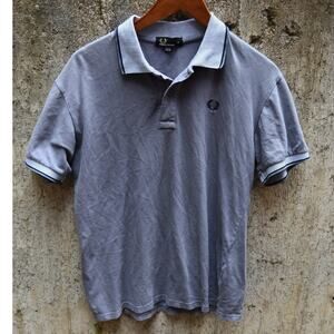 Fred Perry Gray Polo Shirt with Striped Collar – Size M